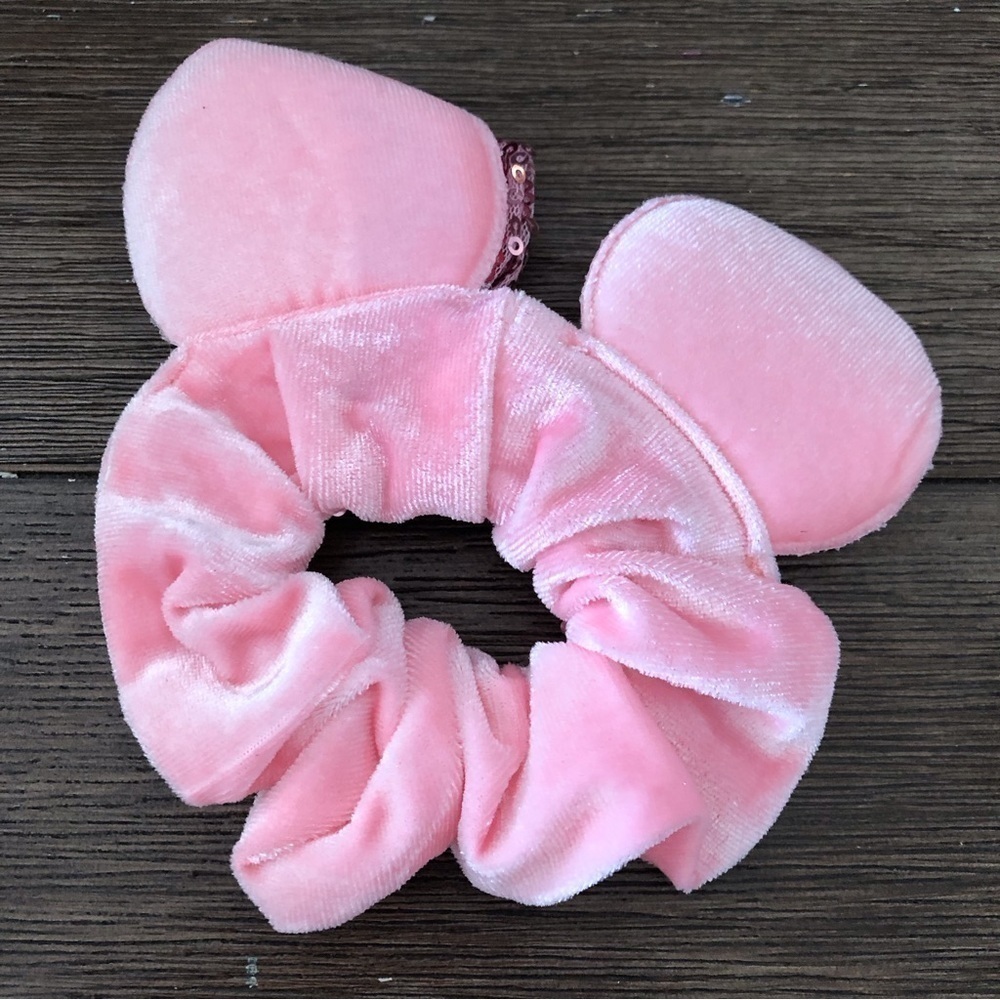 Pink velvet and sequin Mickey ear hair scrunchie - Picture 2 of 2